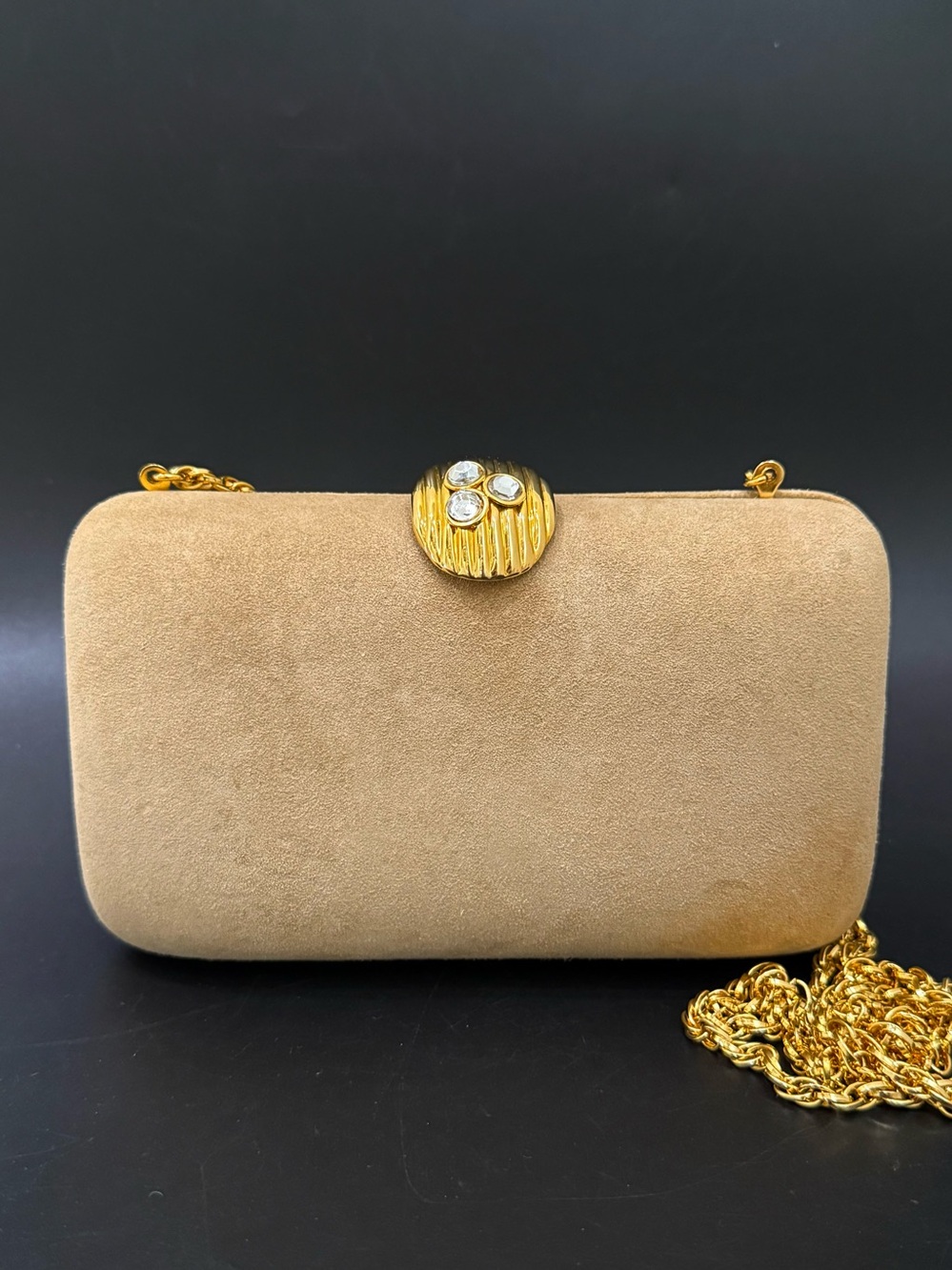 Vintage RODO Beige Suede Leather Hard Case Structured Clutch Crossbody Bag